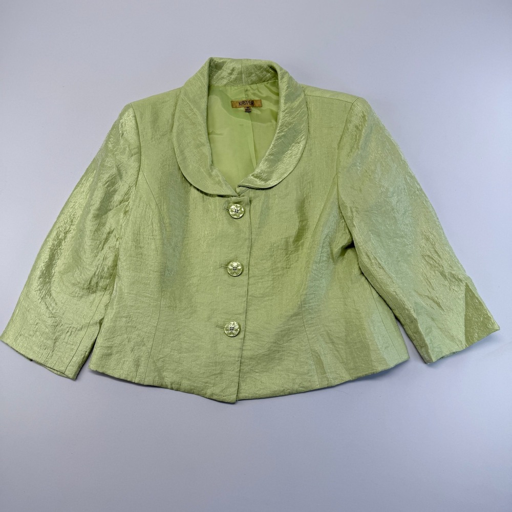 Kasper Womens Size 16 Blazer Pale Green Textured Shawl Collar 3/4 Sleeve Lined